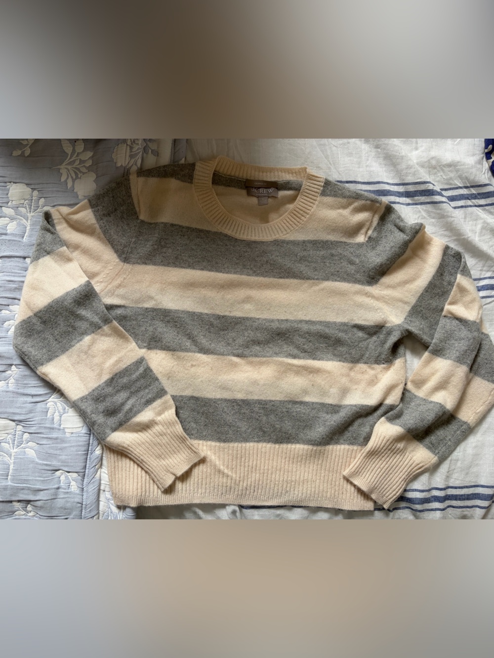 J. Crew Cream and Gray Striped V-Neck Sweater